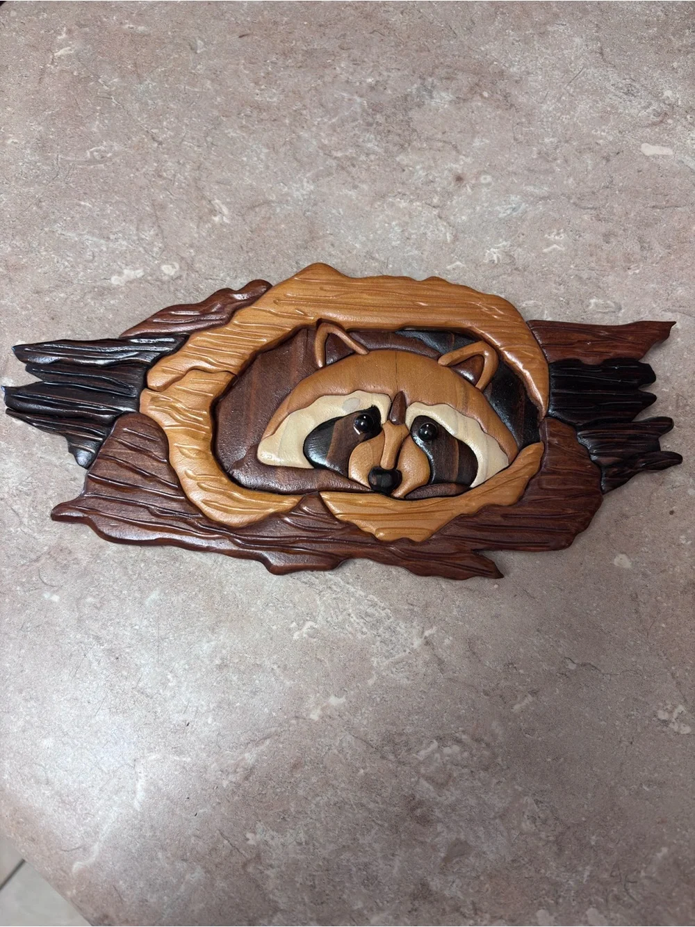 RACCOON By Norenwood Wall Art Hand Carved 3D 10.25” 4.3/4  Inches Wide